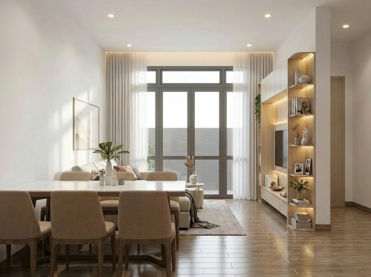 Phối cảnh 3D phòng ăn liền kệ TV
