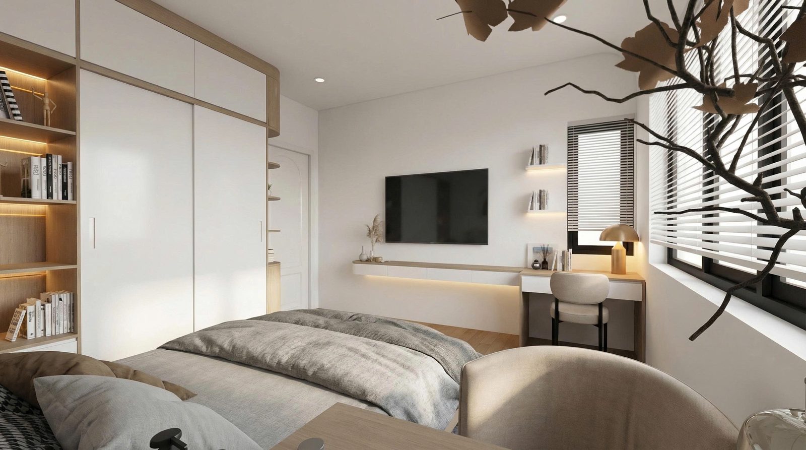Phối cảnh 3D phòng ngủ vách TV