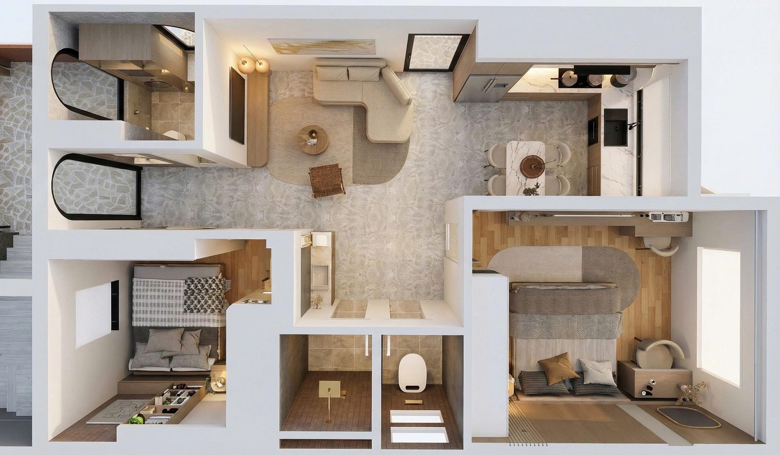 Mặt bằng 3D tầng sinh hoạt chung